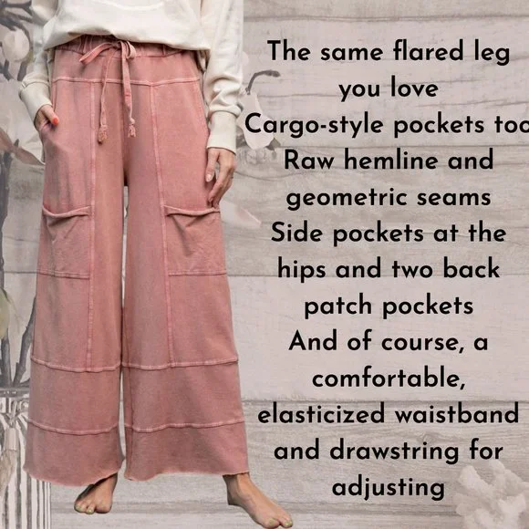 EASEL "Perfect Cargo" Terry Knit Mineral Washed Flared Leg Pants Raw Hem & Seams - Picture 2 of 14